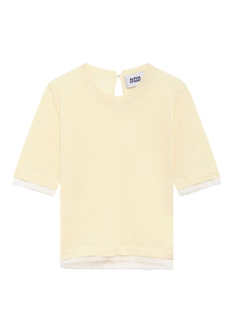 Alpha Studio Girocollo Mix Fabric in voile di cotone con profili in chiffon  Giallo ALPHA STUDIO | Maglieria | AD-6070C2012